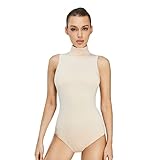 SUPRNOWA Women 's Sleeveless Turtleneck Top Bodysuit Mock Neck Stretchy Leotard Jumpsuit Body Suit with Zipper for Dance Gymnastics Cheerleading Fashion (Medium, Nude)