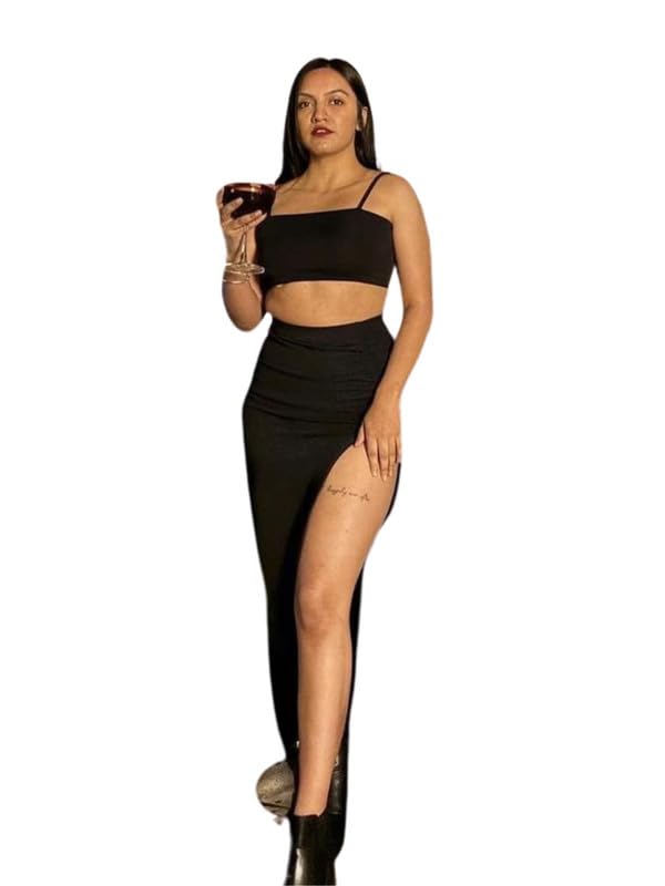 tandul Dress for Womens Black Fabric Fabric Blend Dress Casual Women Maxi/Full Length Two Piece Dress Solid Sleeveless Dress (8215)-picture-25