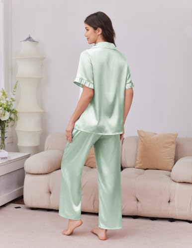 Image of Ekouaer Silk Satin Pajamas for Women Set 2 Piece Short Sleeve Button Up Pjs | Two Side Pockets,Soft Bridesmaid Lounge Set,Bridal Ruffle Sleepwear,Wedding Party,Honeymoon Vacation,Postpartum