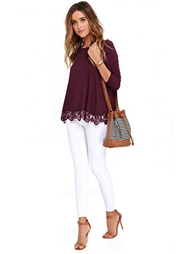 detimi Women Long Sleeve Lace Trim O-Neck A-Line Tunic Loose Blouse Burgundy L