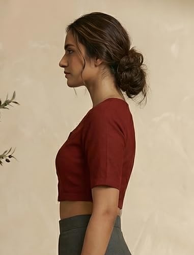 Image of Yash Gallery Women's Stretchable Rayon Lycra V-Neck Short Sleeve Front Open with Hook Stylish Crop Blouse Top for Ethnic Beige Designer Festive Choli Blouse
