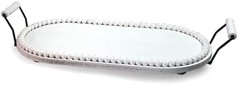 Lavender Inspired White Washed Oval Wooden Decorative Tray, Wooden Raised Tray for Coffee Table Rustic-Farmhouse Wooden Beaded Tray with Handle-Beaded Pedestal Tray for Kitchen, Counter & Dinning