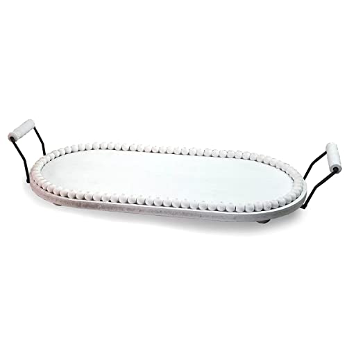 Lavender Inspired White Washed Oval Wooden Decorative Tray, Wooden Raised Tray For Coffee Table Rustic-Farmhouse Wooden Beaded Tray With Handle-Beaded Pedestal Tray For Kitchen, Counter & Dinning #TOP16