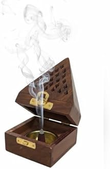 WOOD ART STORE Wooden Pyramid Shape Incense Box Hoder Stand | Wooden Agarbatti Stand with ash Catcher for Home Office | Incense Sticks Holder (Medium)