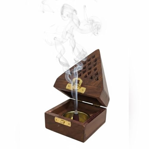 WOOD ART STORE Wooden Pyramid Shape Incense Box Hoder Stand | Wooden Agarbatti Stand with ash Catcher for Home Office | Incense Sticks Holder (Medium)
