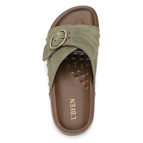 Image of UBFEN Womens Platform Slide Sandals | Real Leather,Buckle Sandals with Cushioned Flatform Footbed,Comfortable for Walking,Arch Support,Casual Styling