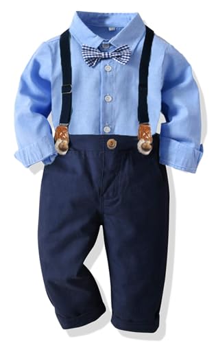SALNIER Toddler Boy Suit Baby Boy Formal Outfit Set with Cotton Shirt Bow Tie Suspenders Pants for Wedding Birthday Party (Blue005 3T)