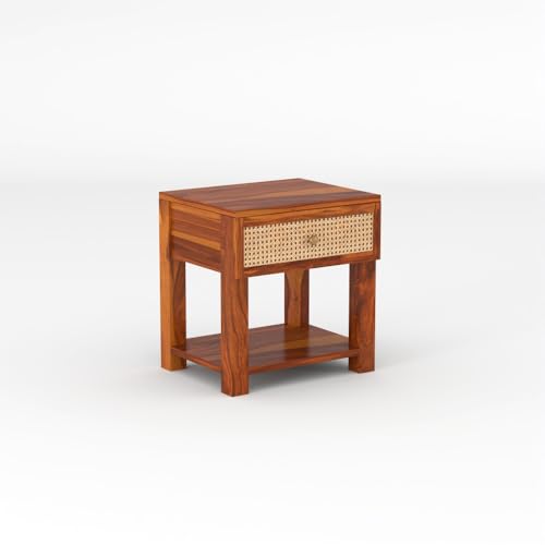 Image of Solid Sheesham Wood Bedside Table with Cane Rattan Drawer & Open Storage Shelf | Wooden Nightstand for Bedroom, Living Room & Guest Room (Honey Finish)