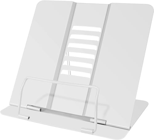 MINISOISO Atril Metálico para Libros, Soporte Libro para Leer con 6 Alturas Ajustables, Soporte de Lectura de Metal Plegable para Tableta, Música, Libro de Recetas, Cocina, Oficina, Blanco