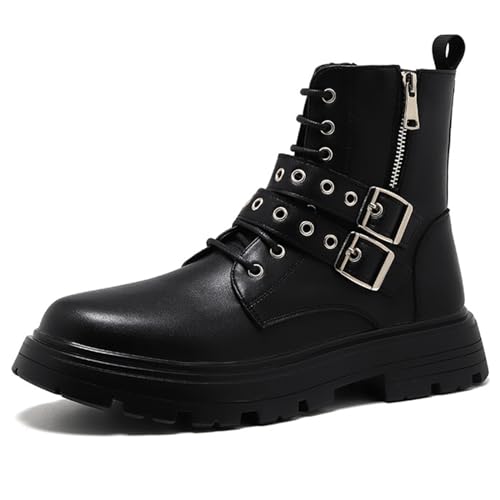 LETCLOCOM Men's Black Leather Platform Ankle Boots Lace up Side Zip Adjustable Buckle Lug sole Non-Slip Combat Booties Fashion Punk Motorcycle Boots (12,Black)