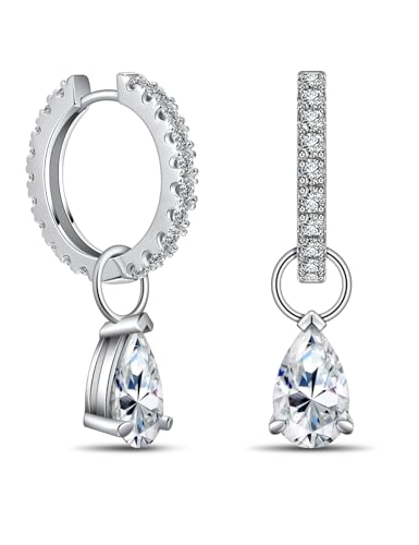 Ladylike 2.72cttw Moissanite Huggie Hoop Earrings for Women Pear Cut Dangle Drop Earrings D Color VVS1 Clarity 925 Sterling Silver Hypoallergenic Ear Jewelry