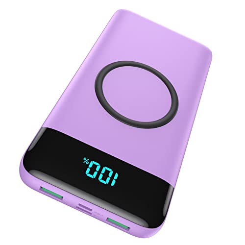 Wireless Portable Charger 30,800mAh 15W Wireless Charging 25W PD QC4.0 Fast Charging Smart LED Display USB-C Power Bank,4 Output& 2 Input External Battery Pack Compatible with iPhone, Samsung -Purple - Purple