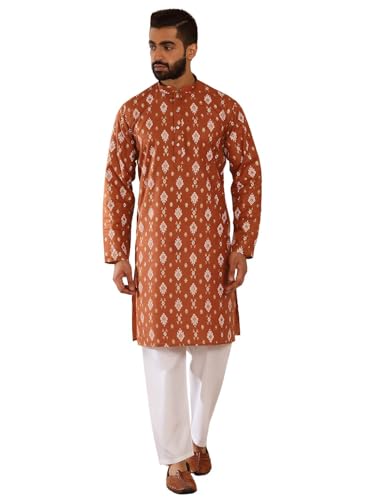 Image of KRAFT INDIA Men's Cotton Blend Geometric Printed Straight Long Regular Kurta and Elastic Waistband Pyjama Set