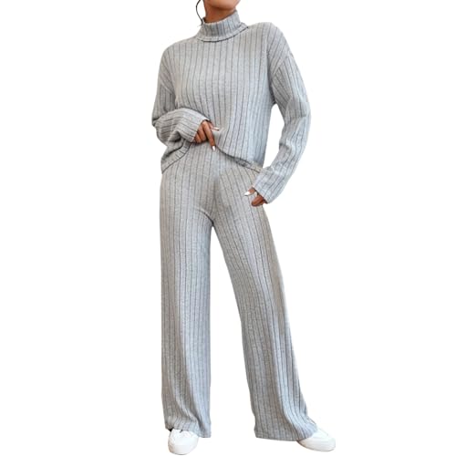 Generico Chándal de mujer de punto de lana elegante mono de punto cómodo color sólido cálido suéter y pantalones pierna ancha ligera suave conjunto de 2 piezas tejido elástico ropa para el hogar, gris