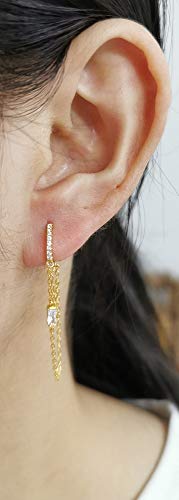 Cz Chain Dangle Drop Small Hoop Cuff Earrings S925 Sterling Silver For Women Girls Cartilage Sensitive Ears Fashion Elegant Chic Cubic Zirconia Threader Tassel Dangling Hypoallergenic Gifts (Gold) #TOP6