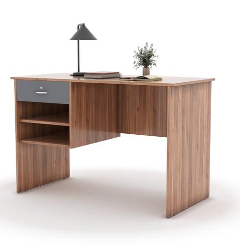 Image of 116x75x56CM Engineered Wood Verto Study & Office Table with Smooth Lockable Drawer and 2 Shelves for Storage | Sturdy DIY Counter, Commercial Table- Lyon Walnut with Grey