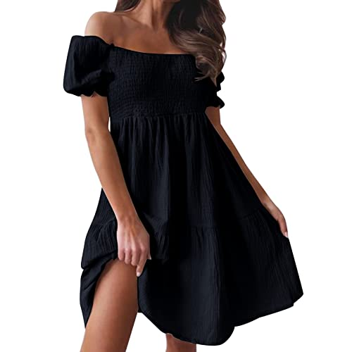 Womens Bohemian Summer Off Shoulder Swing Dress Puff Sleeve Ruffle Beach Midi Dress Short Sleeve Cute Sundress (Black, S)