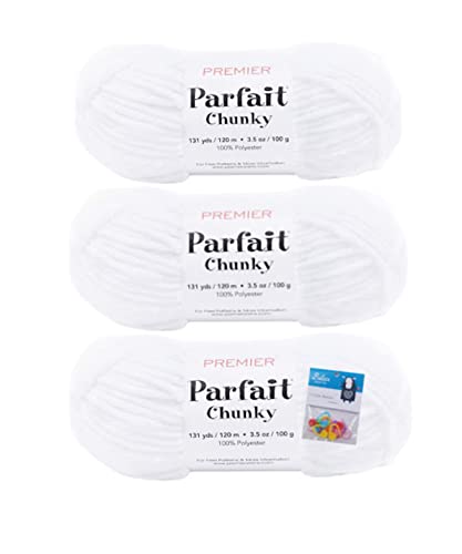 Premier Yarns Parfait Chunky Chenille 3.5 Oz 6 Super Bulky Weight 3 Pack Bundle with Bellas Stitch Place Holders (White)