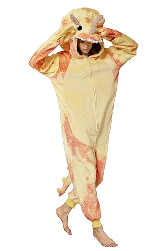 Loiahoer Unisex Triceratops Onesie Costume Pajamas Dinosaurs Halloween Cosplay Costume Tie-dye Christmas Pajamas Hooded Zipper for Family Cosplay Suit for Adults Yellow XL