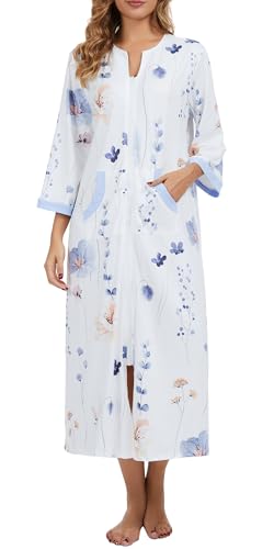 Image of Zipper Robes for Women 3 /4 Sleeve Housecoats Long Lightweight Bathrobe House Dress with Pockets