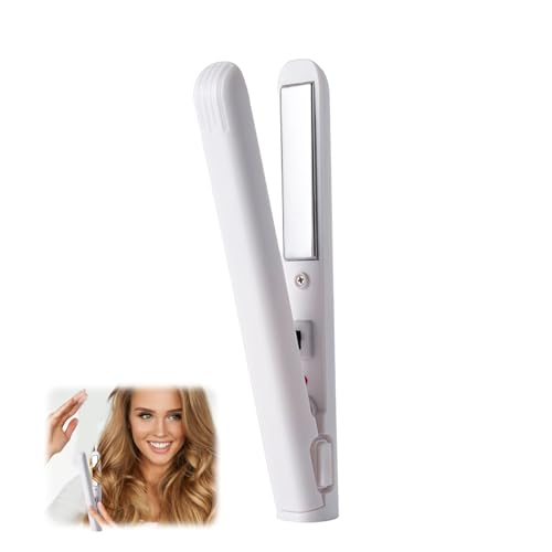 Mini Dual Purpose Hair Straighteners, 2 in 1 Mini Travel Hair Straightener and Curler, Nano Ceramic Tourmaline Plates, USB Powered Portable Hair Curler Flat Iron for All Hair Types (White)