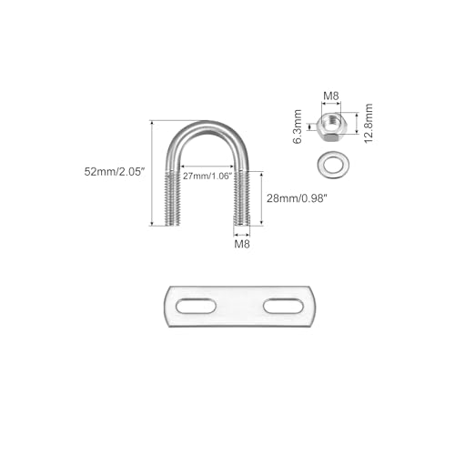 Image of uxcell Round U-Bolts, 2 Sets 27mm(1.06 inch) Inner Width 52mm Length M8 304 Stainless Steel U Clamp Bolt with Nuts Washers and Plates, for Boat Trailer