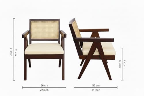 Image of Sainistree Furniture Solid Sheesham Wood Rattan Armchair, Walnut Finish Cane Back Chair with Cream Upholstery, Elegant Wooden Chair for Living Room, Bedroom, Dining, Indoor & Outdoor Furniture (Cream)