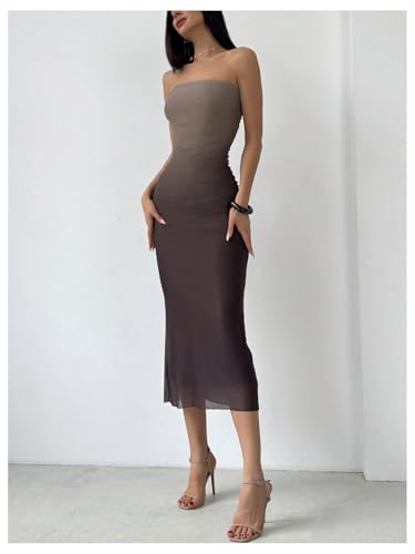 Image of GORGLITTER Women's Sunset Ombre Strapless Cocktail Bridal Shower Midi Dress | Orange Wedding Guest Dress, Mesh Tube Dress, Bridesmaid Dresses, Vacation Beach Sundresses,