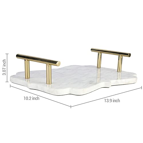 Mygift Deluxe Designer White Marble Modern Shaped Serving Tray With Scalloped Edge And Vintage Style Brass Tone Handles, Elegant Decorative Tray Home Decoration - Made In India #TOP4