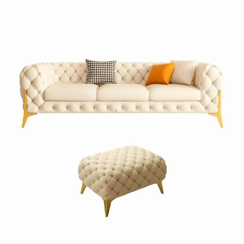 Image of Modern Classic 5 Seater Velvet Button Tufted 3+1+1Footrest Chesterfield Sofa for Living Room and Office (Pillows Not Included) (Off White)