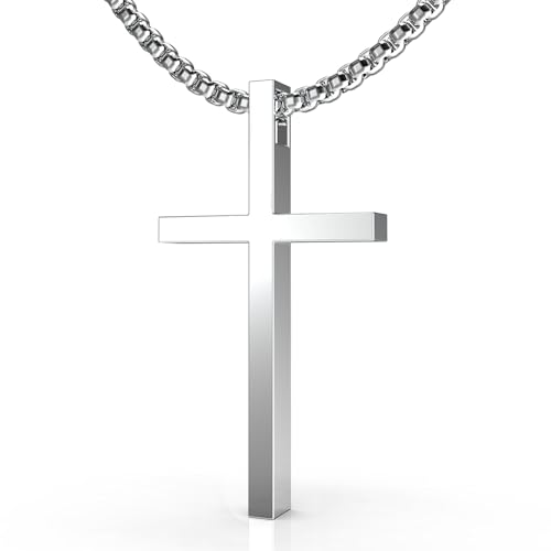 FUTPLOR Stainless Steel Cross Necklace Silver/Black/Gold Cross Pendant Necklaces for Men Women Religious Cross Jewelry Christian Faith Gifts for Prayer Simple Style Jewelry Gift 24 Inches Box Chain (Medium Silver Cross)
