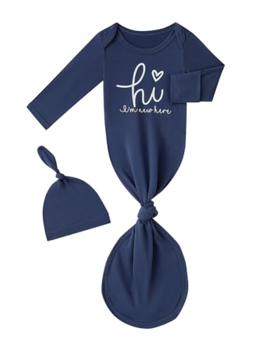 Image of Newborn Baby Boys Girls Knotted Gown Headband/Hat Set Clothes HI I AM NEW HERE Bamboo Viscose Sleeper Sleep Gown with Mittens (Navy, 0-3M)