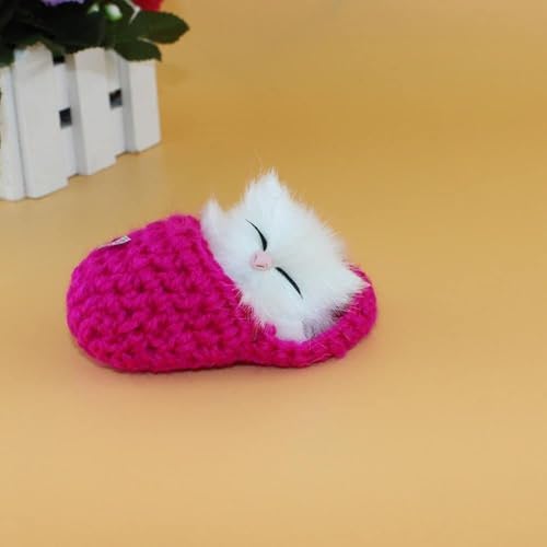REBABA Sleeping Cat Doll, Fluffy Mini Kitten in Slipper with Meows Sounds, Plush Sleeping Cat for Easter Home Party Gift Decor (Rose Red)