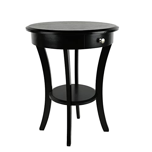 Ecomex Round End Table,Tall Side Table With Drawer And Shelf, 2 Tier Classic Brown Wood Accent Table Sofa Side Table For Bedroom,Office, Small Spaces, Vintage European Style (Black) #TOP5