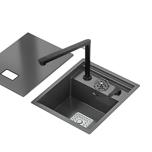 Lavello da cucina salvaspazio nero a vasca singola con coperchio in acciaio inox RV lavello rubinetto multifunzione design compatto incorporato (1 45 x 50 x 22 cm)