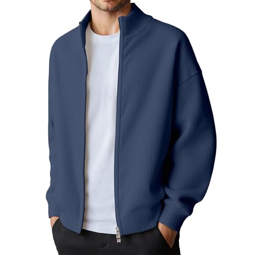 Genérico Chaqueta Chandal Hombre - Chaqueta Informal De Invierno De Color Liso De Punto Canalé con Doble Cremallera Y Textura Sin Capucha Ideal para El Día A Día (Navy XXXXL)
