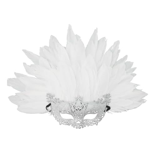 SHINROAD Masque à plumes de qualité supérieure pour femme - Demi-visage vénitien avec Mardi Gras - Bal de bal - Décoration de fête - Sangle réglable amovible - Blanc