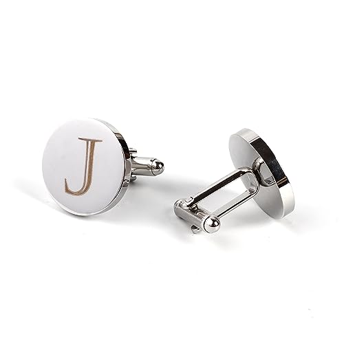 Image of Mens Initial Silver Cufflinks A-Z Alphabet Letter Steel Cuff Links with Engraved Walnut Wood Box Groom Groomsman Wedding Set
