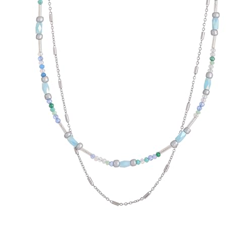 Beaded Necklace for Women Trendy, Boho Beaded Glass Silver Mixed Strand Short Necklace for Women Stacking layered necklaces Summer Beach Jewelry