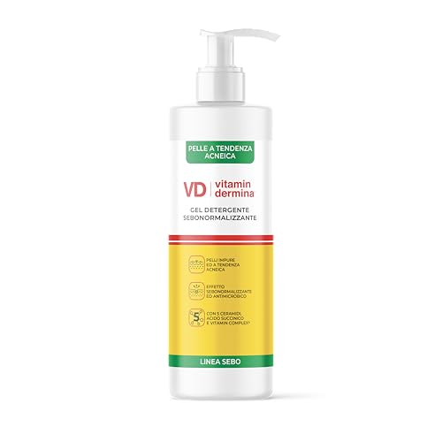 VITAMINDERMINA Linea Sebo Gel Detergente Sebonormalizzante 240 ml – Detersione quotidiana viso per pelli Grasse, Impure e a Tendenza Acneica – Con Acido Succinico, 5 Ceramidi, Vitamin Complex®