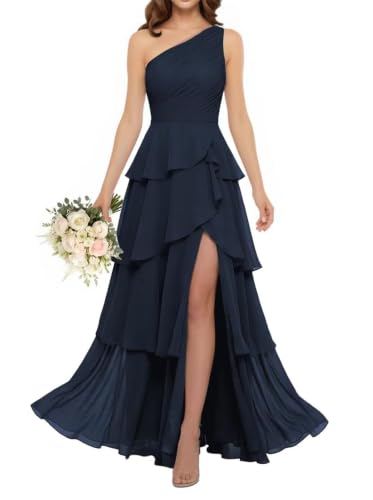 Robe de demoiselle d'honneur bleu marine en mousseline asymétrique taille 56