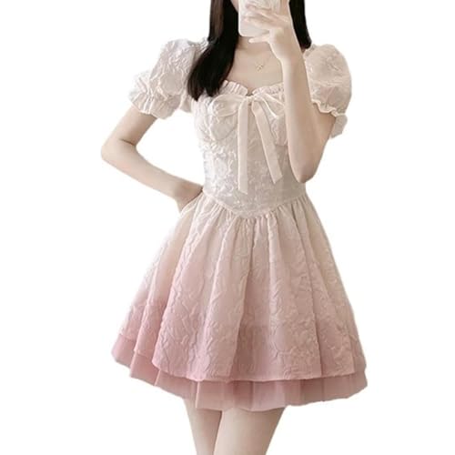 QJK Puff Sleeve Dress with Bow Tie Lace Trim - Kawaii Fairy Cute Lolita Dress for Women (Pink, M, Medium)