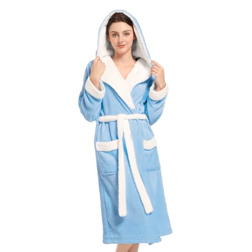 Image of Inner Wish Women Hooded Plush Robe, Fleece Highly Absorbent Cozy Warm Bathrobe