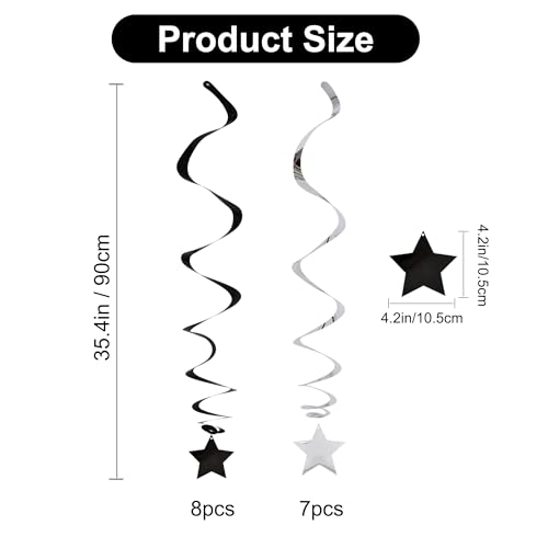 Image of BEISHIDA Black Silver Stars Hanging Swirls Bachelorette Graduation Hanging Ornament Decorations for Birthday Party Supplies Congrats Grade 2026 Graduation Decorations,Pack of 15