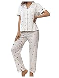 Verdusa Women's 2 Piece Pajama Sets Cute Printed Pj Sets Sleepwear Button Up Shirt with Pants Lounge Set Heart White Medium