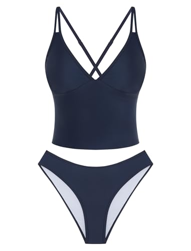 Image of ZAFUL Tankini Swimsuits for Women V Neck Dual Straps Cropped Bikini Swimsuit High Cut 2 Pieces Bathing Suit