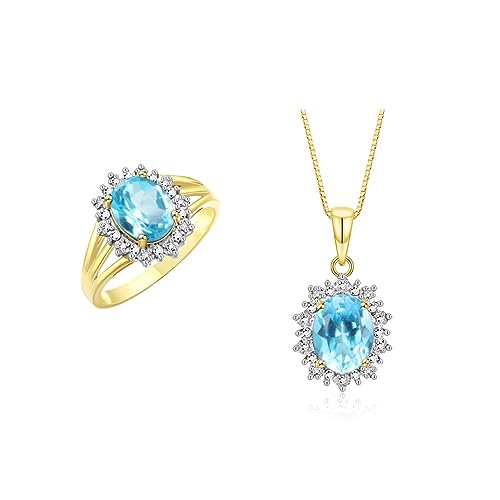 Image of Rylos Women's Yellow Gold Plated Silver Princess Diana Ring & Pendant Set. Gemstone & Diamonds, 9X7MM Birthstone. Matching Friendship Jewelry, Sizes 5-10.