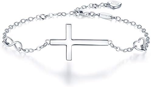 BlingGem Cross Bracelet for Women Sterling Silver Sideways Cross Dainty Religious Symbol Faith God Blessed Confirmation Baptism Jewelry Gift for Women