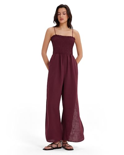 MOOSLOVER Women Linen Jumpsuits Strapless Wide Leg Palazzo Pants Romper 2026 Resort Wear Beach Vacation Outfits(M,Burgundy)