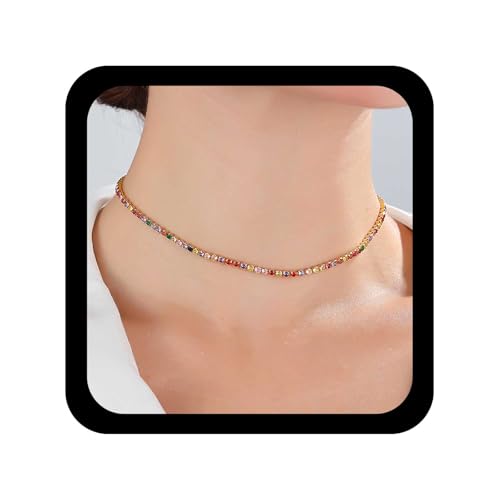 Allereya Arco Iris Cz Collar De Tenis De Colores Collar De Gargantilla Cz Collares De Diamantes De Imitación De Tenis De Oro Collares De Circonio Cúbico Gargantilla Boda Fiesta De Graduación